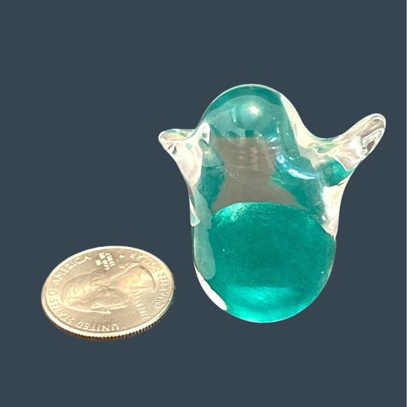 Mini Green Teal Clear Small Hand Blown Glass Bird Figurine Paperweight Vintage - Picture 4 of 8